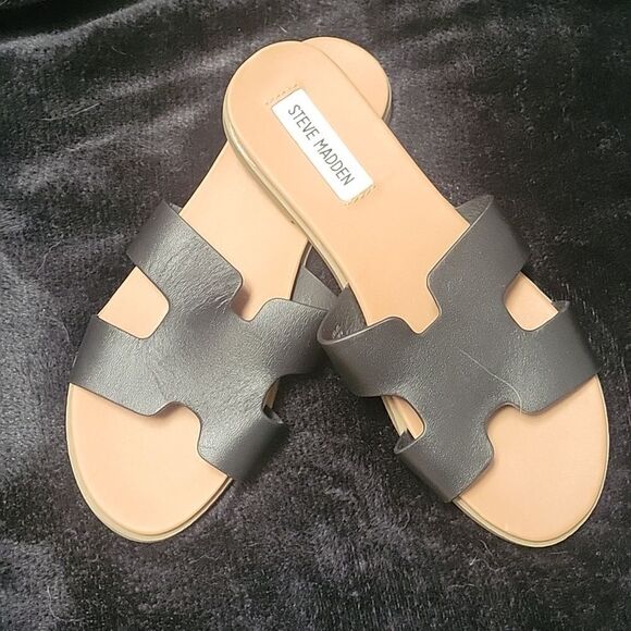 Steve Madden Black and Brown H-Strap Slide Sandals, Size 7 - Picture 1 of 3